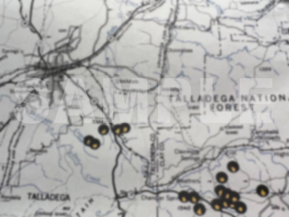 Carte Big Ten des emplacements des gisements d'or de l'Alabama et de la Caroline du Sud, 140 sites